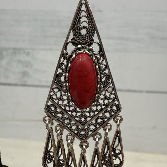 DGS Turkey 925 Sterling Silver Filigree Carnelian Dangle Earrings 16.4 grams - Picture 9 of 13